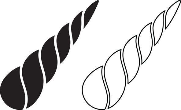 Minimalist black vector silhouette and line art icons of a magical unicorn horn with a spiral shape, representing fantasy, mythical creatures, fairy tales, and imagination.