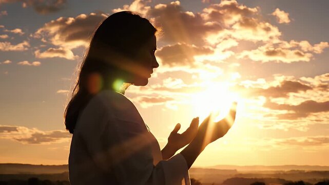 Silhouette of Woman Praying at Sunset - A silhouette of a woman with open palms faces the setting sun. The light bursts through her hands, creating a sense of spirituality and worship.