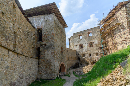 Ruins of the medieval Zborov Castle, also known as Makovica, with stone gate and walls under reconstruction, eastern Slovakia