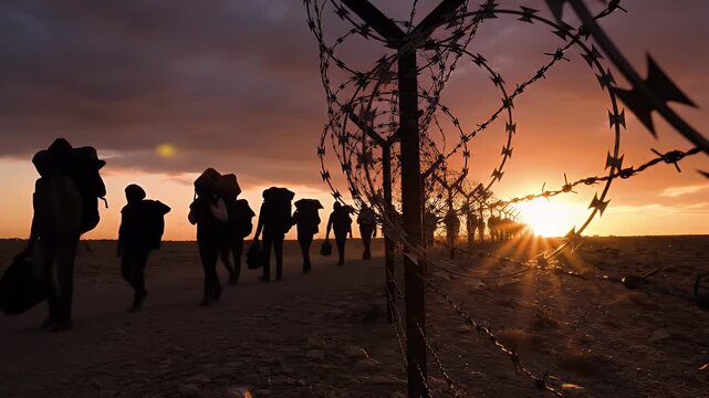 Refugees Walking Along Razor Wire Fence at Sunset - Silhouetted figures of refugees walk along a dirt path lined with razor wire fencing, heading towards a bright sunset.