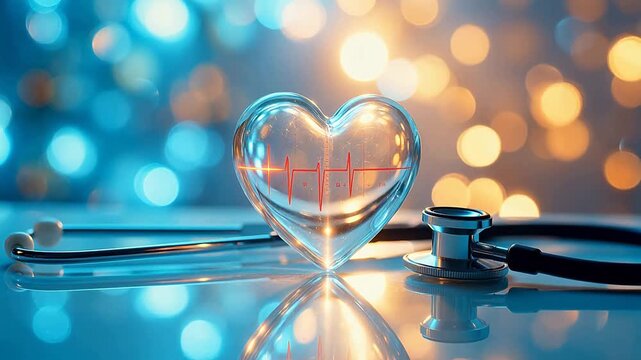Glass heart with stethoscope on reflective surface