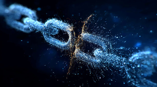 A digitally rendered image of a breaking chain, symbolizing freedom or disruption. The chain is disintegrating, with particles and light effect adding to the dramatic effect.