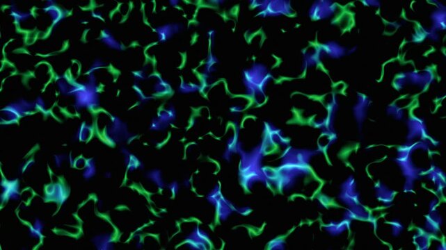 Psychedelic glowing pattern animation. Abstract flowing neon blue and green light energy pattern on black background, representing digital data, neuron activity, or plasma