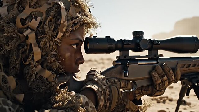 Female Sniper Aiming Rifle at Target - Close-up of a female sniper wearing camouflage and aiming a rifle with a scope. The sniper is focused on her target in a desert environment.