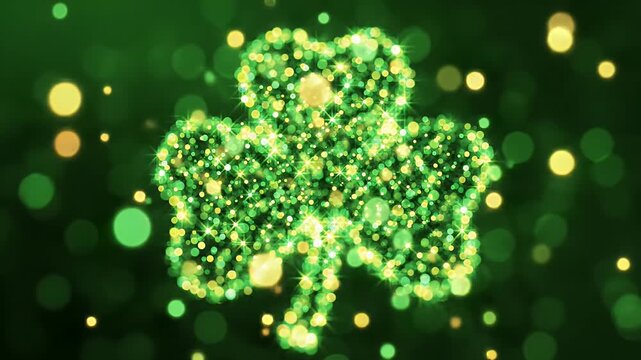 Glittering Shamrock Lights - A three-leaf clover made of green and gold glittering lights sparkles against a dark green backdrop filled with bokeh effects.