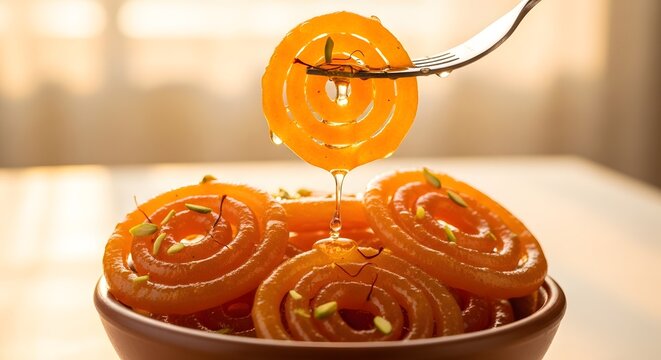 Fresh jalebis in terracotta bowl with silver fork dripping syrup