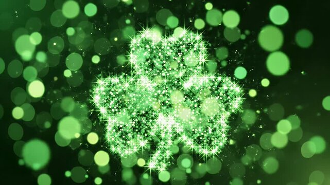 Sparkling Green Clover Background - This video features a glowing, glittering three-leaf clover shape against a dark green background.