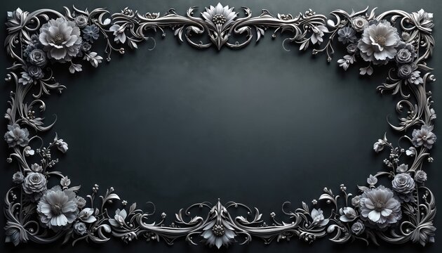 Intricate silver floral frame with ornate details, dark textured background. Elegant swirling vine patterns surround empty space. Luxurious metallic artwork suits formal announcements, decorative