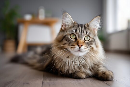 A Maine Coon cat lying on a wooden floor in a cozy modern living room with natural window light