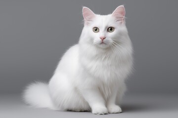 A Turkish Angora cat with silky white fur posed elegantly on a neutral backdrop