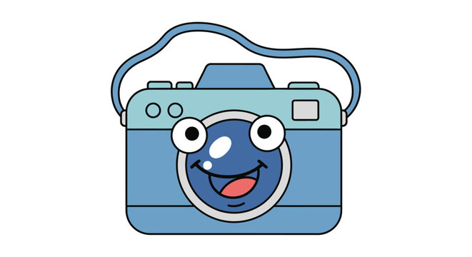 Blue cartoon camera with smiling face.