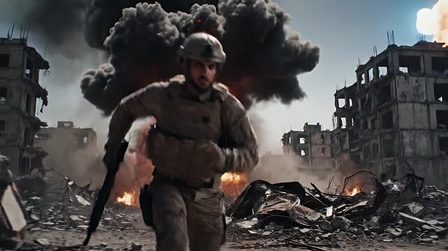 Soldier Running Through Battlefield Explosion - A soldier in military uniform runs through a war-torn battlefield with a large explosion erupting behind him.