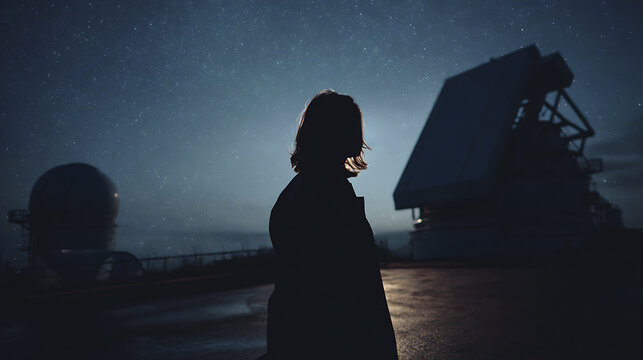 A silhouette of a person standing under a starry sky near an astronomical telescope