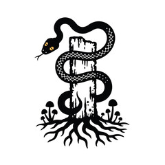 Obraz premium Black snake coiled around wooden post with mushrooms and roots serpent yellow eyes