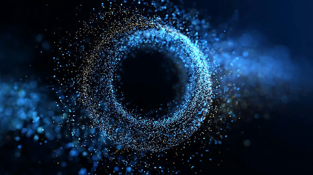 An artistic representation of swirling particles forming a circular pattern. The image features a dark background