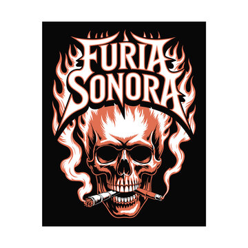 Skull with cigars and flames text Furia Sonora human skull smoking