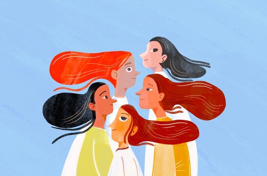 Colorful illustration of diverse women expressing unity