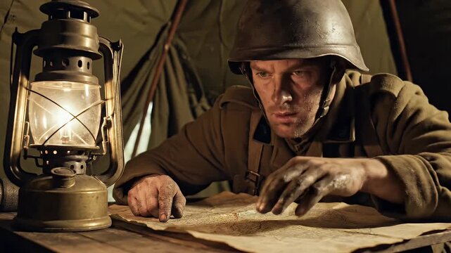Soldier Studying Map by Lantern - A weary soldier in helmet sits at a table in a tent, studying a map illuminated by the light of a vintage lantern.