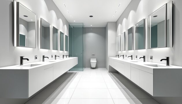 Modern public restroom with clean white sinks and mirrors. Several faucets line long counters. A single toilet sits between sinks, with glass shower door. Cleanliness and privacy.
