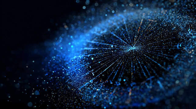Abstract depiction of a mesmerizing blue galaxy with dynamic, glowing particles. The core is the focal point, with a dark background.