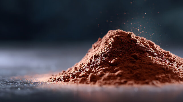 A close-up shot of a small pile of brown powder on a surface, with some particles floating in the air. The powder has a textured appearance and is illuminated by a soft light.