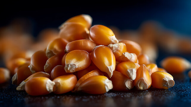 A pile of golden corn kernels, ready for popping. The image highlights the texture and color of the kernels