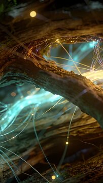 Vertical video: Camera pulling back curved root showing fibers pulsing on ground teal glow and orbs