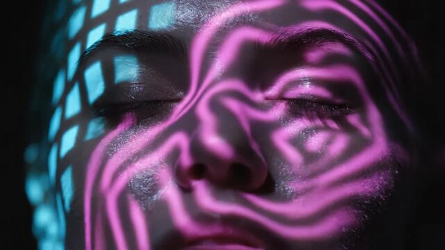 Vibrant Neon Stripes Casting Ethereal Glow on Serene Female Portrait