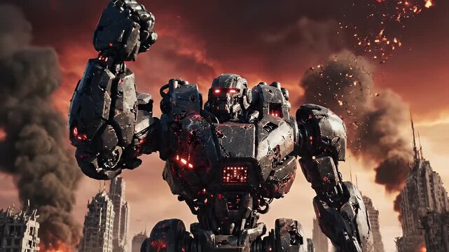 Armored Robot Victory After AI Apocalypse - A heavily armored robot stands amidst the ruins of a devastated city following an AI war.