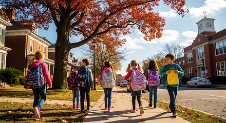 Obraz premium Autumn Walk to School: A group of diverse elementary school children, adorned with colorful backpacks, walk together on a sunny autumn sidewalk.