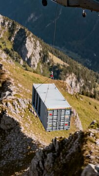 Vertical video: Flying chopper lowering container near alpine ridge, with red rigging and open door