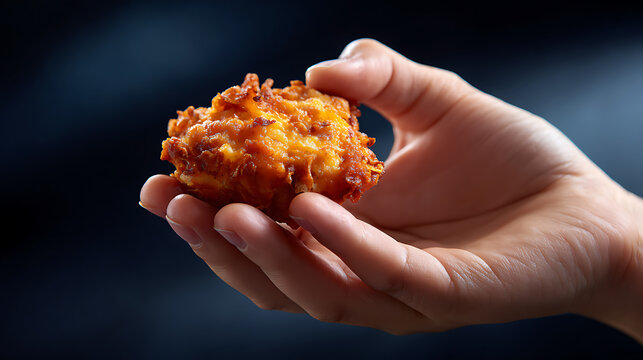 A hand presenting a crispy and delicious golden-brown food. The food is round and the texture looks very appealing