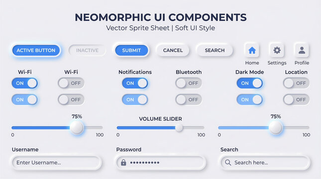 Neomorphic UI Components Sprite Sheet for Soft UI Style Buttons Toggles Sliders Input Fields 