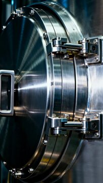 Vertical video: Reaching white-gloved hand from left unlatching, opening round steel hatch at plant