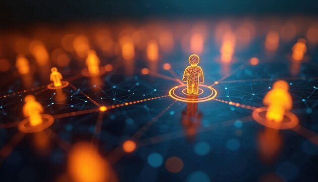 Abstract digital network connects human figures on dark background. Orange glowing lines and nodes form a web of people. Future tech shows community and data links.