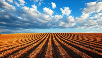 Golden wheat field stretches beneath a blue sky dotted with fluffy clouds creating a serene rural landscape
