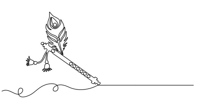 Animated of  krishna flute continuous one line drawing, krishna flute hinduism line video  krishna flute hinduism sign, flute with peacock feather, Peacock Feather and Flute line art video. Peacock.