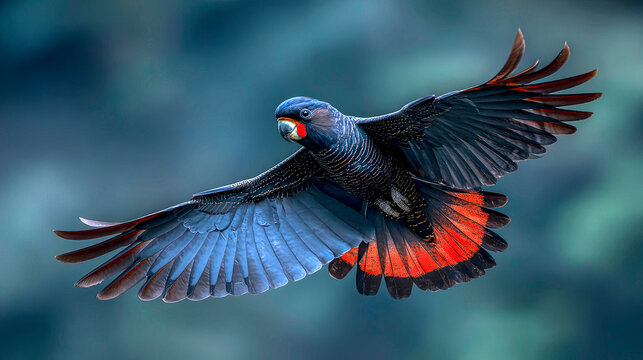 Red tailed black cocatoo in flight