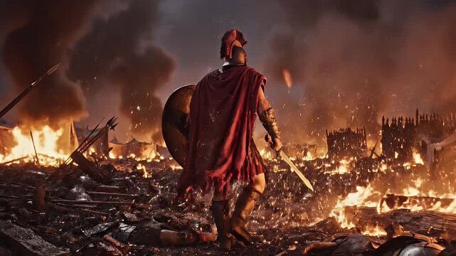 Spartan Warrior in Burning Battlefield - A Spartan warrior wearing a helmet and cape is seen walking through a burning battlefield, carrying a shield and sword.