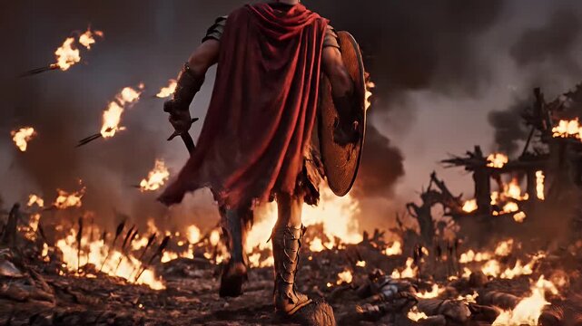 Spartan Warrior Walking Through Burning Battlefield - A cloaked Spartan warrior with shield and sword walks through a burning battlefield.