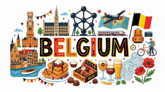 Belgium Culture and Tourism Vector Illustration with Atomium Brussels Architecture Waffles and Beer