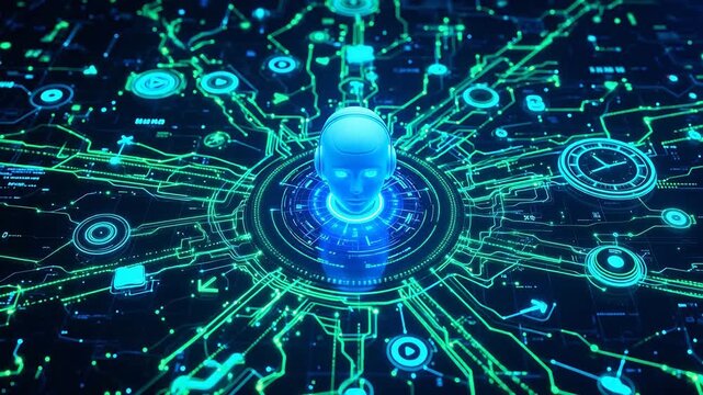 Futuristic AI head on circuit board