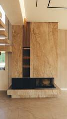 Naklejka premium Modern luxury fireplace with natural stone and wood accents, integrated shelving, and ambient lighting