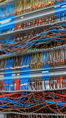 Close-up view of a complex electrical panel with many colorful wires and connections