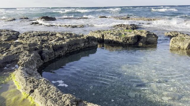 Round stone pool in the sea, formerly used for growing shellfish on the Mediterranean coast near the Institute of Oceanography in Haifa.