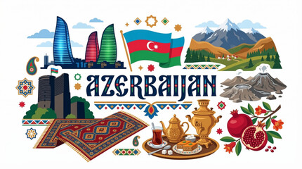 Fototapeta premium Azerbaijan Culture and Tourism Vector Illustration with Flame Towers Baku and National Symbols