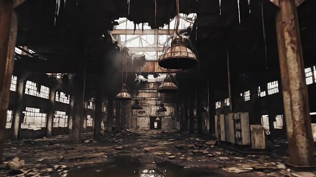 Derelict Industrial Interior - The video shows the interior of a derelict industrial building, with cracked walls, rusted beams, and standing water on the floor.