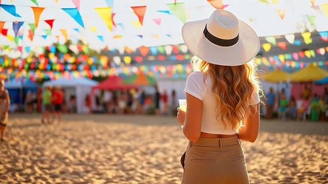 Woman at outdoor festival with colorful flags