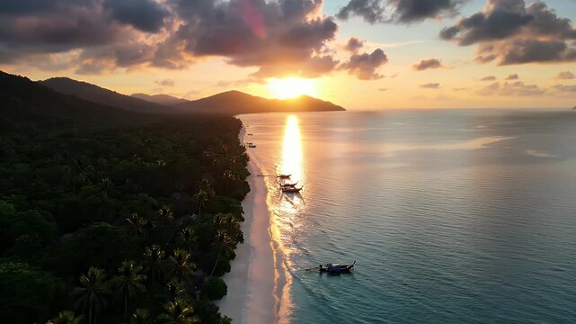 Long Beach Sunset on Koh Lanta, Thailand - This is a stunning aerial view of Long Beach on Koh Lanta Island in Thailand, captured during a vibrant sunset.