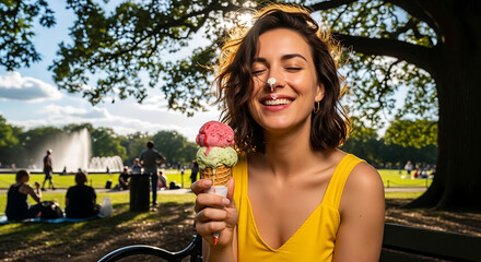 Fototapeta premium Joyful Treat in the Park: A delighted young woman enjoys a double-scoop ice cream cone on a sunny day in a park, with a fountain and lush trees in the background.